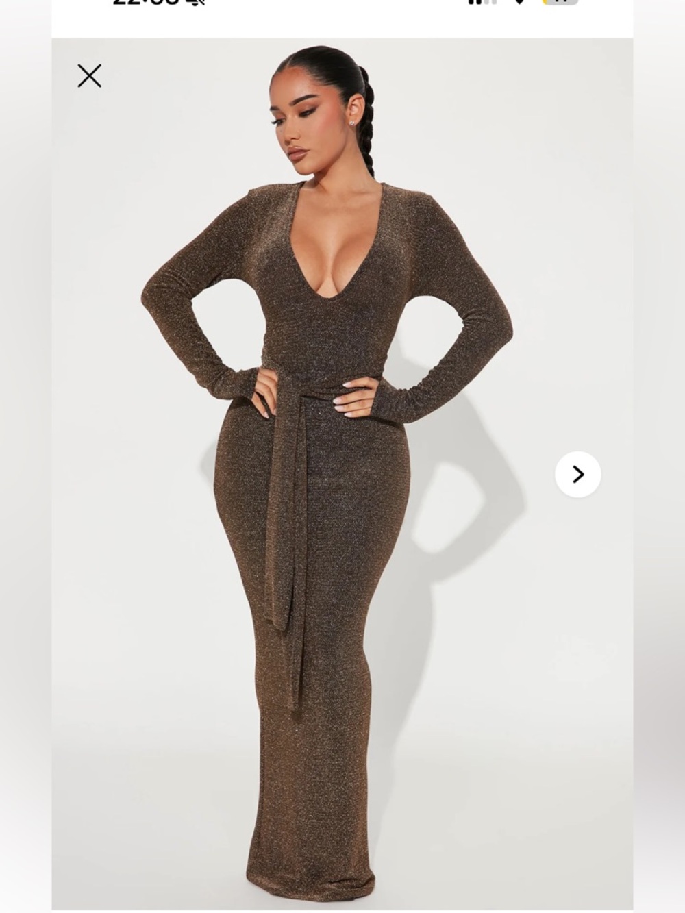 Fashion Nova Metallic Bronze Deep V Long Sleeve Maxi Dress